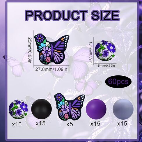 Purple Butterfly Decorative Focal Beads - Violet Floral Printed - 15mm Silicone Round Beads for DIY Jewelry, Beaded Pens, Keychains, Pendant Decorations, Crafts (60pcs) in Saudi Arabia