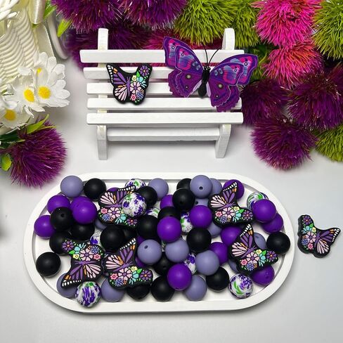 Purple Butterfly Decorative Focal Beads - Violet Floral Printed - 15mm Silicone Round Beads for DIY Jewelry, Beaded Pens, Keychains, Pendant Decorations, Crafts (60pcs) in Saudi Arabia