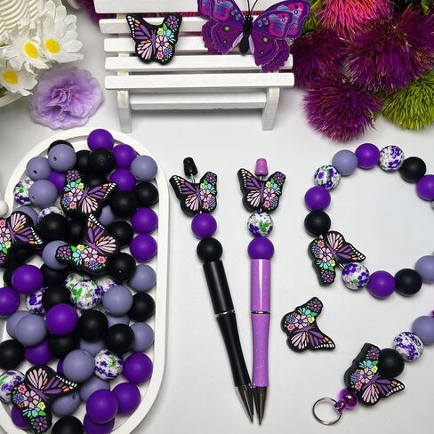 Purple Butterfly Decorative Focal Beads - Violet Floral Printed - 15mm Silicone Round Beads for DIY Jewelry, Beaded Pens, Keychains, Pendant Decorations, Crafts (60pcs) in Saudi Arabia