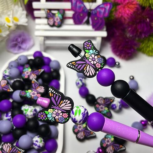 Purple Butterfly Decorative Focal Beads - Violet Floral Printed - 15mm Silicone Round Beads for DIY Jewelry, Beaded Pens, Keychains, Pendant Decorations, Crafts (60pcs) in Saudi Arabia