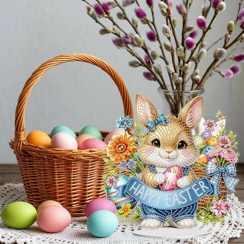 CEOVR Easter Diamond Art Kits for Adults Tabletop Ornament, Easter Bunny Egg Diamond Painting, 5D Special Shape Rabbit Gem Art Craft, Acrylic Home Desktop Decor with Base, Box Kit 9.33×9.39inch in Saudi Arabia