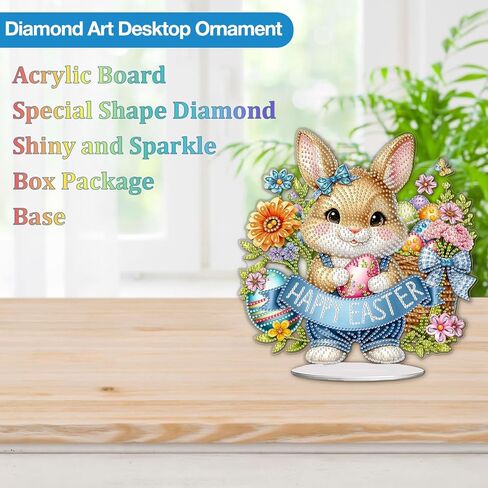 CEOVR Easter Diamond Art Kits for Adults Tabletop Ornament, Easter Bunny Egg Diamond Painting, 5D Special Shape Rabbit Gem Art Craft, Acrylic Home Desktop Decor with Base, Box Kit 9.33×9.39inch in Saudi Arabia
