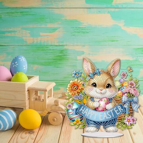 CEOVR Easter Diamond Art Kits for Adults Tabletop Ornament, Easter Bunny Egg Diamond Painting, 5D Special Shape Rabbit Gem Art Craft, Acrylic Home Desktop Decor with Base, Box Kit 9.33×9.39inch in Saudi Arabia
