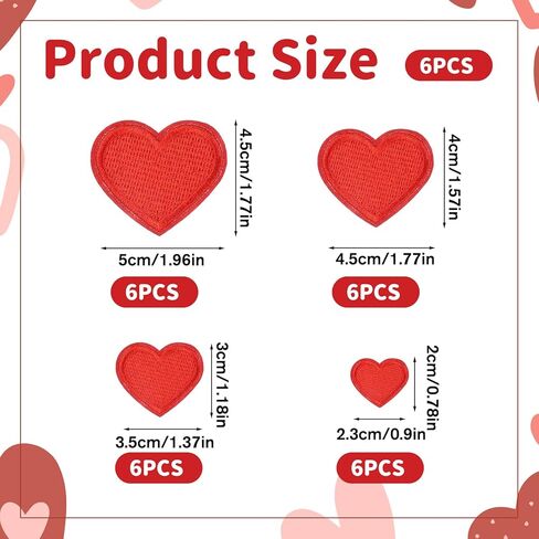 TIESOME 24Pcs Red Heart Shape Iron on Patches, 4 Size Heart Embroidered Applique Patches Cute DIY Sew on Patch Iron on Patches for Clothing Jackets Backpacks Jeans Hats Bags Hats Arts Craft Sew Making in Saudi Arabia
