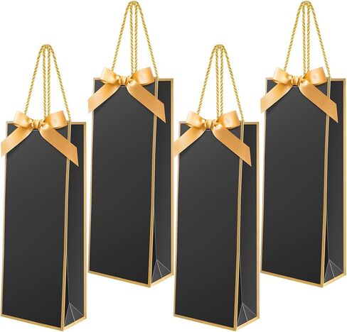 Engrowtic 24 Pcs Black Wine Gift Bag Bulk with Gold Ribbon Bow 5.8 x 3.3 x 13 Reusable Champagne Foil Print Elegant Wine Bag Thank You Wrap for Wedding Baby Shower Birthday Holiday Party in Saudi Arabia