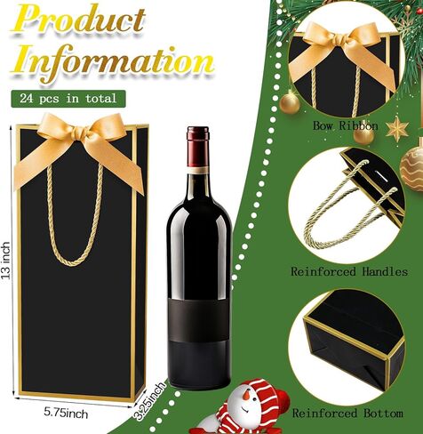 Engrowtic 24 Pcs Black Wine Gift Bag Bulk with Gold Ribbon Bow 5.8 x 3.3 x 13 Reusable Champagne Foil Print Elegant Wine Bag Thank You Wrap for Wedding Baby Shower Birthday Holiday Party in Saudi Arabia
