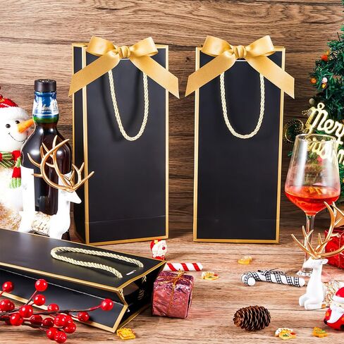 Engrowtic 24 Pcs Black Wine Gift Bag Bulk with Gold Ribbon Bow 5.8 x 3.3 x 13 Reusable Champagne Foil Print Elegant Wine Bag Thank You Wrap for Wedding Baby Shower Birthday Holiday Party in Saudi Arabia