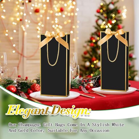Engrowtic 24 Pcs Black Wine Gift Bag Bulk with Gold Ribbon Bow 5.8 x 3.3 x 13 Reusable Champagne Foil Print Elegant Wine Bag Thank You Wrap for Wedding Baby Shower Birthday Holiday Party in Saudi Arabia