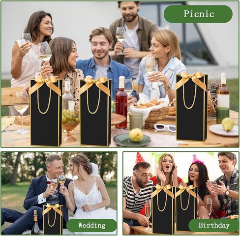 Engrowtic 24 Pcs Black Wine Gift Bag Bulk with Gold Ribbon Bow 5.8 x 3.3 x 13 Reusable Champagne Foil Print Elegant Wine Bag Thank You Wrap for Wedding Baby Shower Birthday Holiday Party in Saudi Arabia