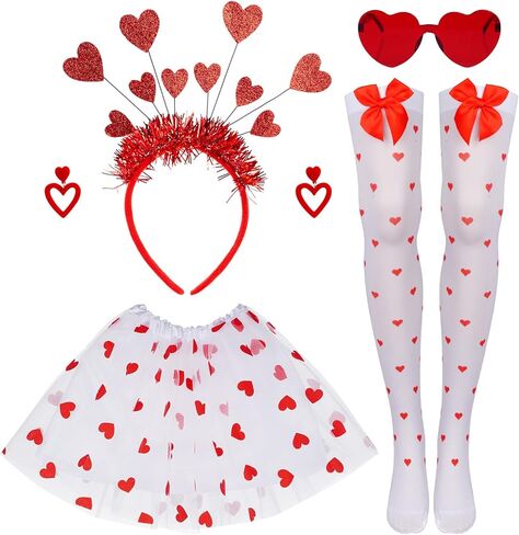 زي Fengek Valentines Tutu للنساء - عصابة رأس على شكل قلب، نظارات، أقراط، تنورة توتو وجوارب، ملابس عيد الحب in Kuwait
