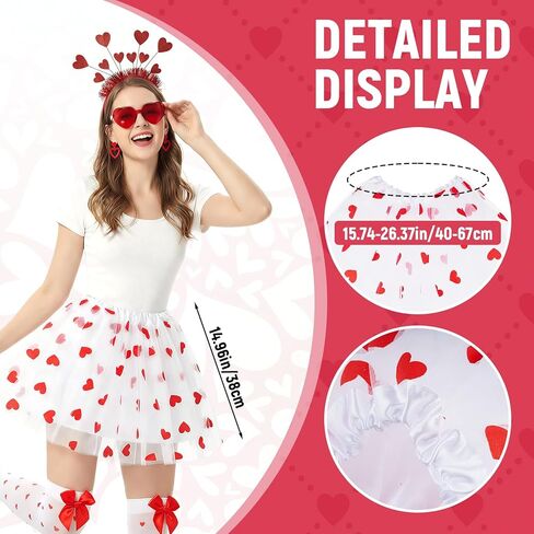 زي Fengek Valentines Tutu للنساء - عصابة رأس على شكل قلب، نظارات، أقراط، تنورة توتو وجوارب، ملابس عيد الحب in Kuwait