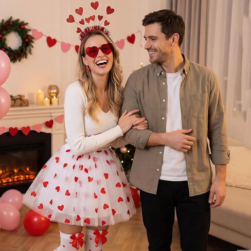 زي Fengek Valentines Tutu للنساء - عصابة رأس على شكل قلب، نظارات، أقراط، تنورة توتو وجوارب، ملابس عيد الحب in Kuwait