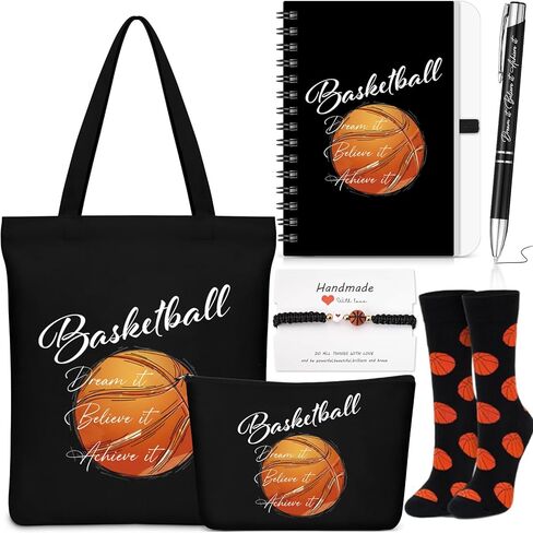 6 Pcs Basketball Gift Set for Women Men, Basketball Tote Bag, Makeup Bag, Socks, Ballpoint Pen, Bracelet, Notebook, Party Favors Team Birthday Gifts for Players Sports Lover Athlete Friends in Saudi Arabia