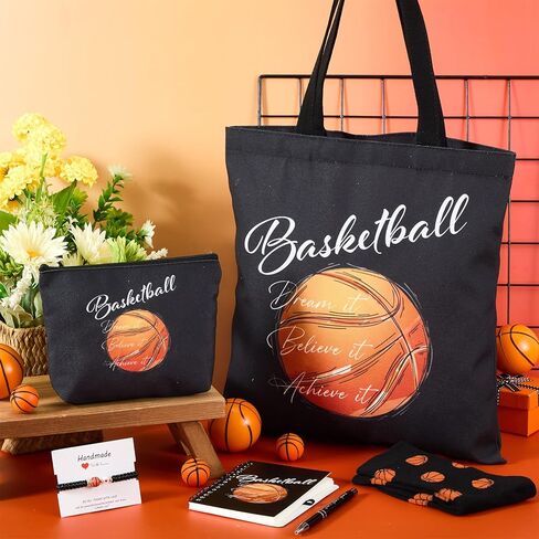 6 Pcs Basketball Gift Set for Women Men, Basketball Tote Bag, Makeup Bag, Socks, Ballpoint Pen, Bracelet, Notebook, Party Favors Team Birthday Gifts for Players Sports Lover Athlete Friends in Saudi Arabia