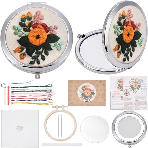 WEBEEDY DIY Embroidery Mirror Set Handmade Makeup Mirror Needlework Kit with Flower Printed Pattern, Embroidery Hoop, Thread for Beginners, Compact Mirrors Craft for Bridal Wedding Stitchwork Gift in Saudi Arabia