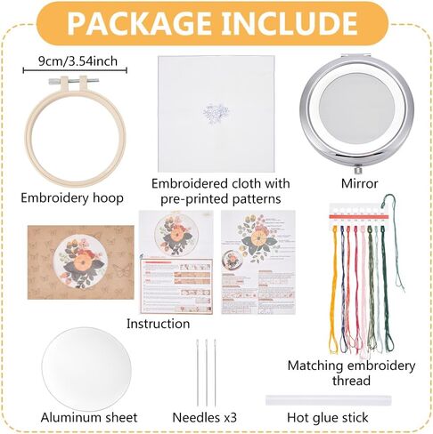 WEBEEDY DIY Embroidery Mirror Set Handmade Makeup Mirror Needlework Kit with Flower Printed Pattern, Embroidery Hoop, Thread for Beginners, Compact Mirrors Craft for Bridal Wedding Stitchwork Gift in Saudi Arabia