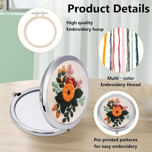 WEBEEDY DIY Embroidery Mirror Set Handmade Makeup Mirror Needlework Kit with Flower Printed Pattern, Embroidery Hoop, Thread for Beginners, Compact Mirrors Craft for Bridal Wedding Stitchwork Gift in Saudi Arabia