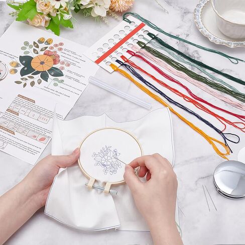 WEBEEDY DIY Embroidery Mirror Set Handmade Makeup Mirror Needlework Kit with Flower Printed Pattern, Embroidery Hoop, Thread for Beginners, Compact Mirrors Craft for Bridal Wedding Stitchwork Gift in Saudi Arabia