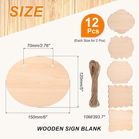 MECCANIXITY Unfinished Hanging Wood Sign Blank with Ropes 6"x5" Unfinished Wood Crafts Boards Wooden Plaques for Crafts DIY Burning Carving Door Wall Decoration, 6 Kinds of Styles, Pack of 12 in Saudi Arabia