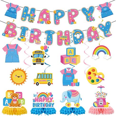 Rachell Teacher Party Decorations - 14 Pcs Cartoon English Teacher Decorations Rachel Girl Rainbow ABC Bus Banners with Hanging Swirls Honeycomb Centerpiece for Birthday Baby Shower Classroom Decor in Saudi Arabia