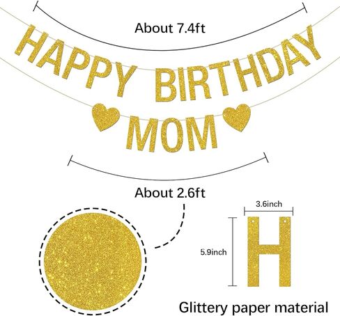 INNORU Happy Birthday Mom Banner, Queen Mother Mom Birthday Party Hanging Bunting, Mommy Bday Party Decorations Supplies Banner, Gold Glitter in Saudi Arabia