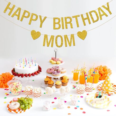 INNORU Happy Birthday Mom Banner, Queen Mother Mom Birthday Party Hanging Bunting, Mommy Bday Party Decorations Supplies Banner, Gold Glitter in Saudi Arabia