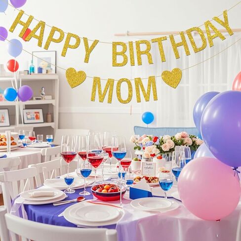 INNORU Happy Birthday Mom Banner, Queen Mother Mom Birthday Party Hanging Bunting, Mommy Bday Party Decorations Supplies Banner, Gold Glitter in Saudi Arabia