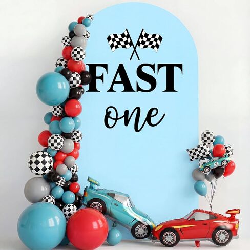 Fast One Birthday Decoration 6.6FT Arch Fast One Backdrop Cover Blue Racing Car Theme 1st Decorations for Boys Happy 1st Birthday Party Decor Black Bday Sign for Arch Backdrop in Kuwait