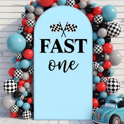 Fast One Birthday Decoration 6.6FT Arch Fast One Backdrop Cover Blue Racing Car Theme 1st Decorations for Boys Happy 1st Birthday Party Decor Black Bday Sign for Arch Backdrop in Kuwait