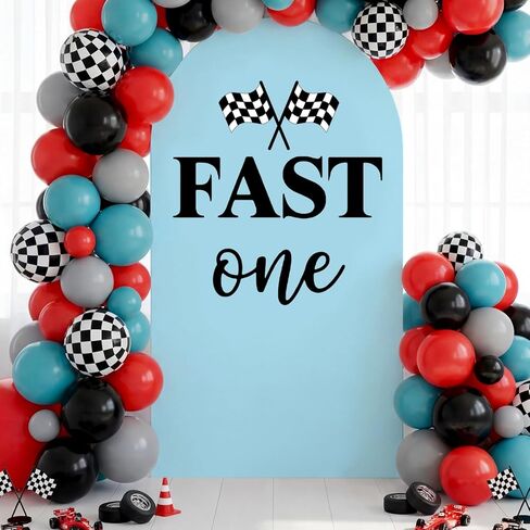 Fast One Birthday Decoration 6.6FT Arch Fast One Backdrop Cover Blue Racing Car Theme 1st Decorations for Boys Happy 1st Birthday Party Decor Black Bday Sign for Arch Backdrop in Kuwait
