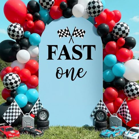 Fast One Birthday Decoration 6.6FT Arch Fast One Backdrop Cover Blue Racing Car Theme 1st Decorations for Boys Happy 1st Birthday Party Decor Black Bday Sign for Arch Backdrop in Kuwait