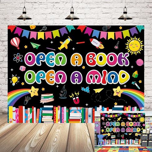 Open a Book Open a Mind Reading Backdrop Read Across America Day Background World Book Day Reading Library Classroom Decorations Banner Photo Props (7x5FT(82 x 59 inch)) in Kuwait