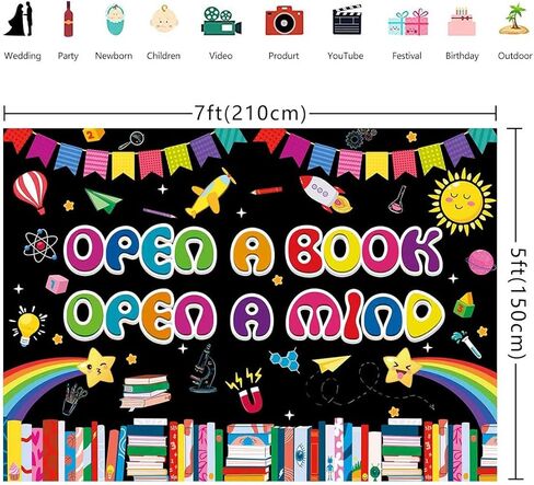 افتح كتابًا، افتح كتابًا، خلفية قراءة ذهنية، اقرأ عبر خلفية يوم أمريكا، يوم الكتاب العالمي، مكتبة القراءة، ديكورات الفصول الدراسية، لافتة صور الدعائم (7 × 5 أقدام (82 × 59 بوصة)) in Saudi Arabia
