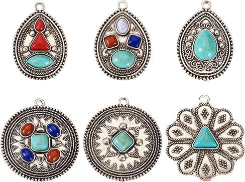 24Pcs Vintage Turquoise Alloy Pendants Tibetan Styles Turquoise Charms Antique Retro Gemstone Charms for Necklace Bracelet Jewelry Making DIY Crafts in Kuwait