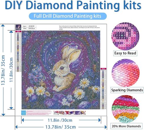 nwqzbyht مجموعات الفن الماس أرنب للبالغين، مجموعات الرسم الماس 5d للبالغين، diy جولة الحفر الكامل الزهور جوهرة الفن مجموعات للمبتدئين، الماس النقاط صورة الحرف ديكور جدار المنزل 13.78x13.78 بوصة in Kuwait