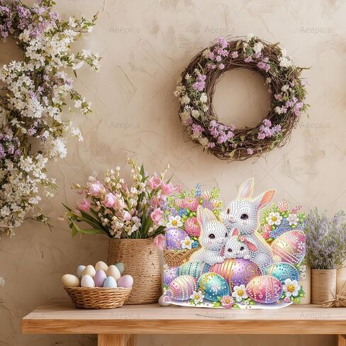 Aeepics DIY عيد الفصح الماس الفن الطاولة عدة للبالغين، الاكريليك سطح المكتب الماس اللوحة عدة حلية، الوقوف الماس لوحة الرسم الفني عدة (الأرانب) in Kuwait