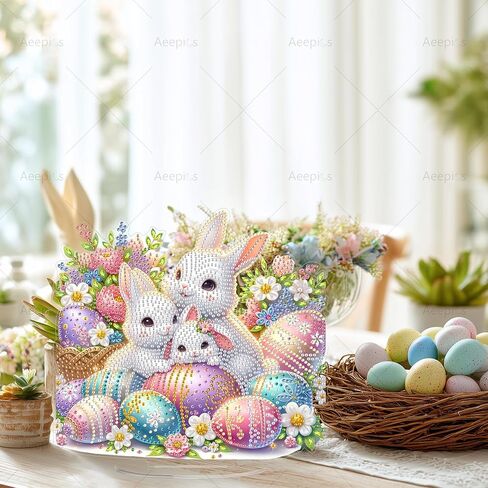 Aeepics DIY عيد الفصح الماس الفن الطاولة عدة للبالغين، الاكريليك سطح المكتب الماس اللوحة عدة حلية، الوقوف الماس لوحة الرسم الفني عدة (الأرانب) in Kuwait