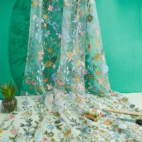 WEBEEDY 1 Yard Colorful Floral Embroidery Lace Fabric by The Yard 51 Inch Wide Soft Polyester Tulle Mesh Material for Wedding Dresses Skirts Party Decorations Christmas Home DIY Crafts in Saudi Arabia