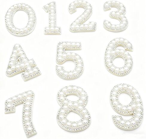 0-9 رقع أرقام حجر الراين اللؤلؤية، Fyrcomft 10 قطع حديد على أرقام اللؤلؤ. ملصقات ذاتية اللصق من اللؤلؤ للملابس والحقائب والقبعات والأحذية (أبيض) in Kuwait