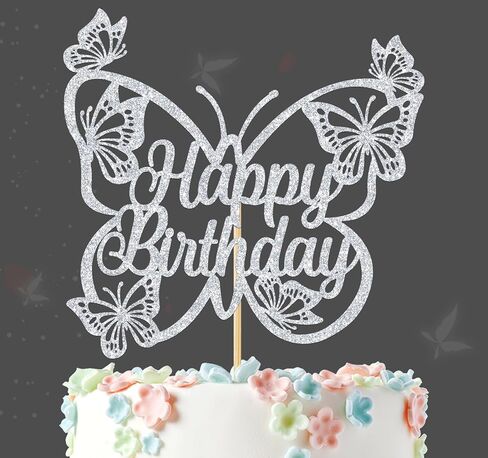 Butterfly Happy Birthday Cake Topper, Butterfly Theme Cake Decor for Girls Women's Birthday Party Decorations Supplies, Silver Glitter in Saudi Arabia