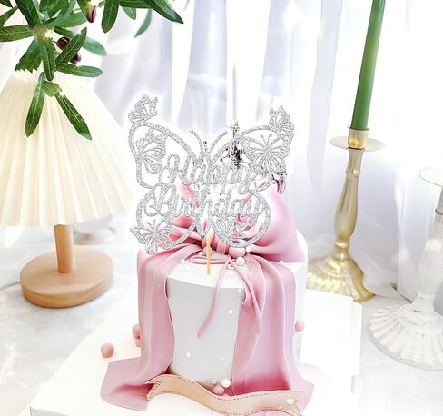 Butterfly Happy Birthday Cake Topper, Butterfly Theme Cake Decor for Girls Women's Birthday Party Decorations Supplies, Silver Glitter in Saudi Arabia