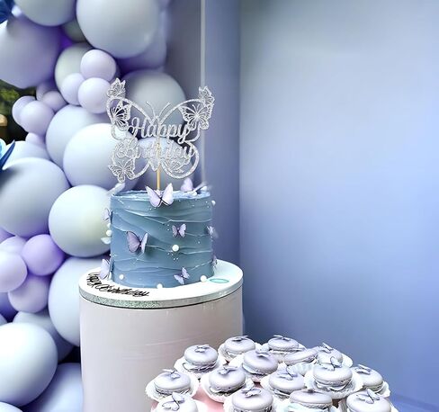Butterfly Happy Birthday Cake Topper, Butterfly Theme Cake Decor for Girls Women's Birthday Party Decorations Supplies, Silver Glitter in Saudi Arabia