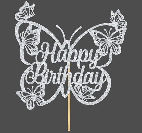 Butterfly Happy Birthday Cake Topper, Butterfly Theme Cake Decor for Girls Women's Birthday Party Decorations Supplies, Silver Glitter in Saudi Arabia