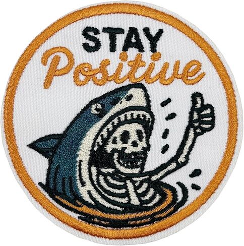 3'' Stay Positive Funny Shark and Skeleton Embroidered Hook and Loop Patch in Saudi Arabia