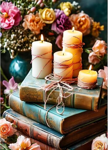 GDYEEH DIY العتيقة الكتب 5D الماس مجموعات الفن، جولة الحفر الكامل تألق شمعة الماس اللوحة الصورة، الزهور اللوحة بالأرقام مجموعات الفن للبالغين المبتدئين ديكور جدار المنزل 12x16 بوصة in Kuwait