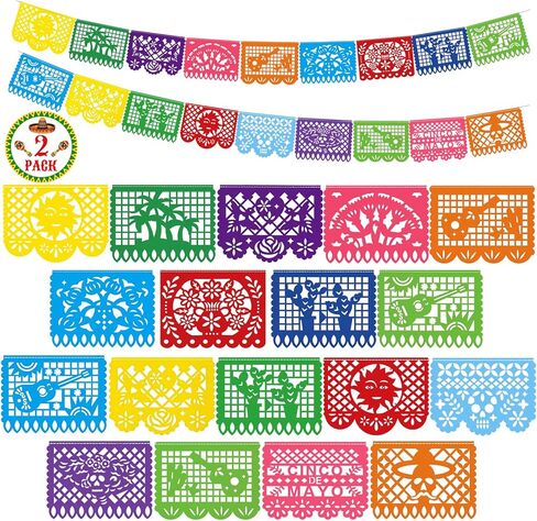 36 FT Cinco De Mayo Decorations, 2 Pack Mexican Party Banner, Plastic Fiesta Banner Colorful Papel Picado Hanging Banner String Flags Mexican Theme Party Dia De Los Muertos Day of the Dead Decor in Saudi Arabia