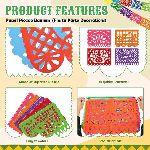 36 FT Cinco De Mayo Decorations, 2 Pack Mexican Party Banner, Plastic Fiesta Banner Colorful Papel Picado Hanging Banner String Flags Mexican Theme Party Dia De Los Muertos Day of the Dead Decor in Saudi Arabia