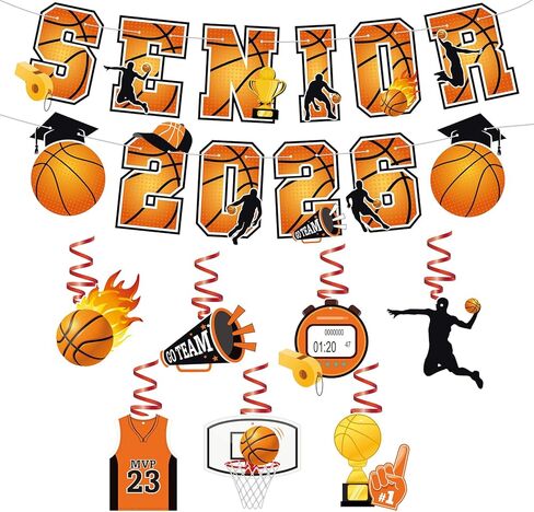 Class of 2026 Basketball Senior Night Decorations - Senior 2026 Banner & Hanging Swirls Set, Orange & Black Sports Theme Party Supplies for High School College Basketball Players Gifts in Saudi Arabia