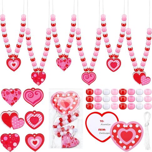 Ecally 24 Sets Valentine's Day Bead Necklaces Craft Gifts with Greeting Cards DIY Bead Craft Kit Red Pink Heart for Valentine Wedding Jewelry Gifts Making Party Favors in Saudi Arabia