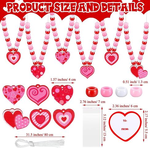 Ecally 24 Sets Valentine's Day Bead Necklaces Craft Gifts with Greeting Cards DIY Bead Craft Kit Red Pink Heart for Valentine Wedding Jewelry Gifts Making Party Favors in Saudi Arabia